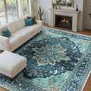 Area Rugs 9'x12' Washable Non-Slip, Floral Vintage Distress Print Pattern Medallion Carpet for Living Room Bedroom Dining Room, Teal Green Lake Blue Turquoise 