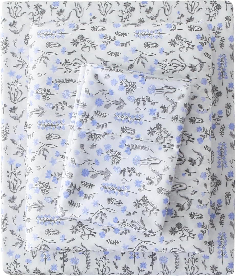 Viviland Lavender Queen Sheet Set - 4 Piece Vintage Violet & Grey Flower Patterned Bed Sheets - Soft, Breathable Microfiber Floral Sheets with Deep Pocket, Non-Slip Fitted Sheets & Pillowcases (Blue Small Flower)