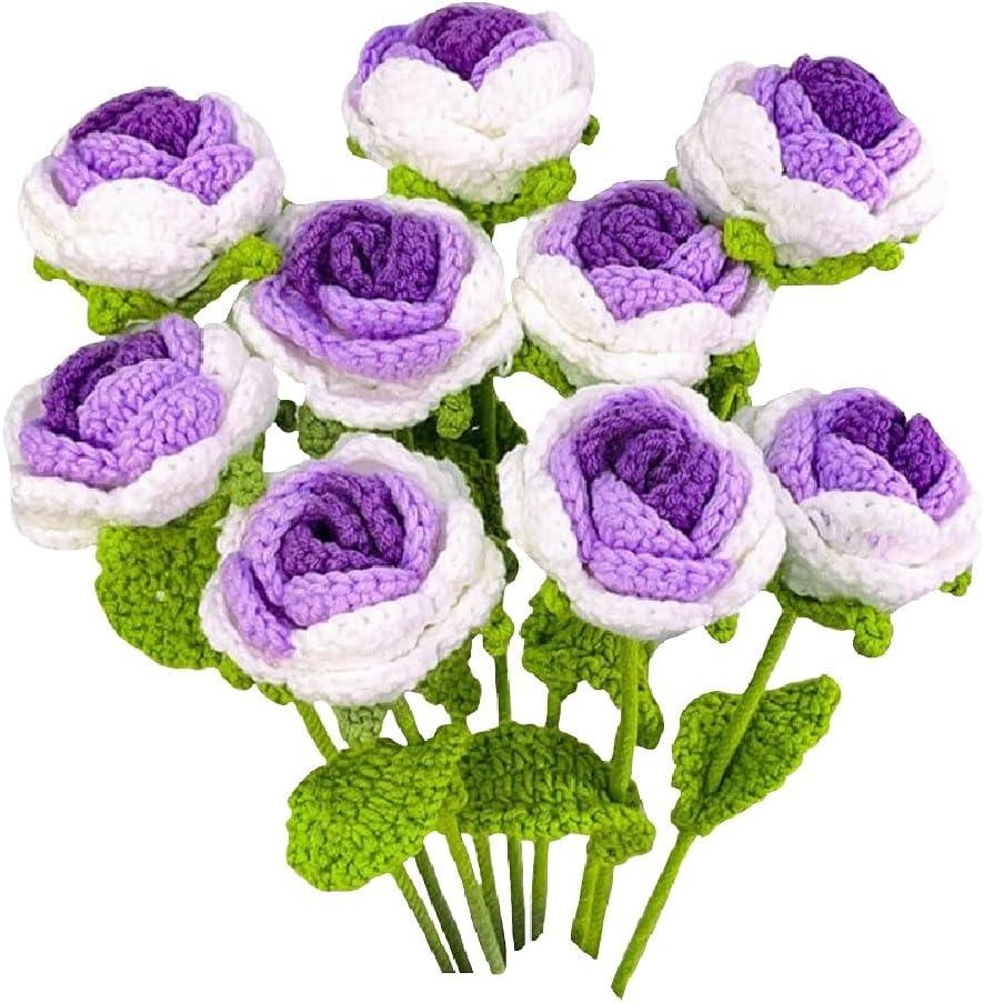 Handmade Crochet Rose Flowers, 9PCS Handmade Flower Gradient Rose, Crochet Roses for Valentine's Day, Anniversaries and Home Decoration (Purple)