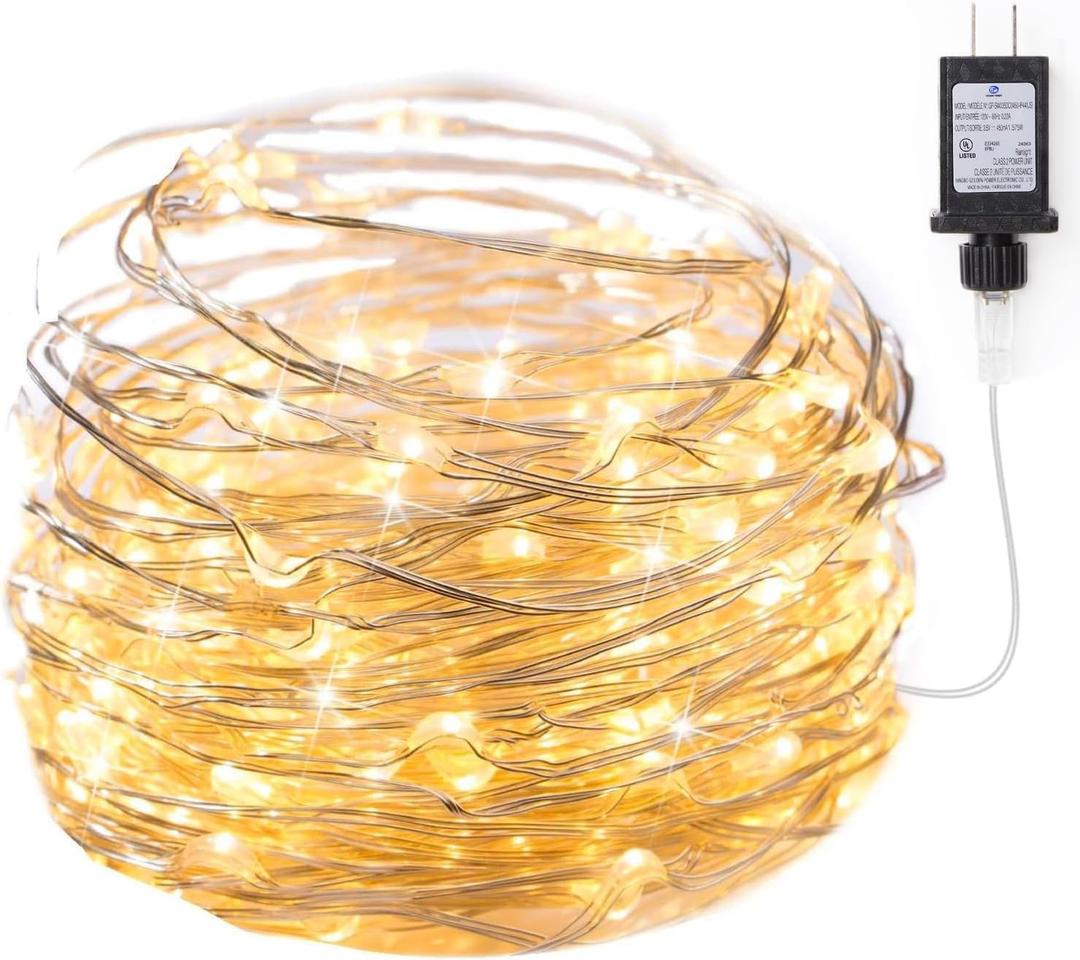 Minetom Fairy Lights Plug in, 33Ft 100 LEDs Waterproof Silver Wire Firefly Lights, Adaptor Included, Starry String Lights for Wedding Indoor Outdoor Christmas Patio Garden Decoration, Warm White