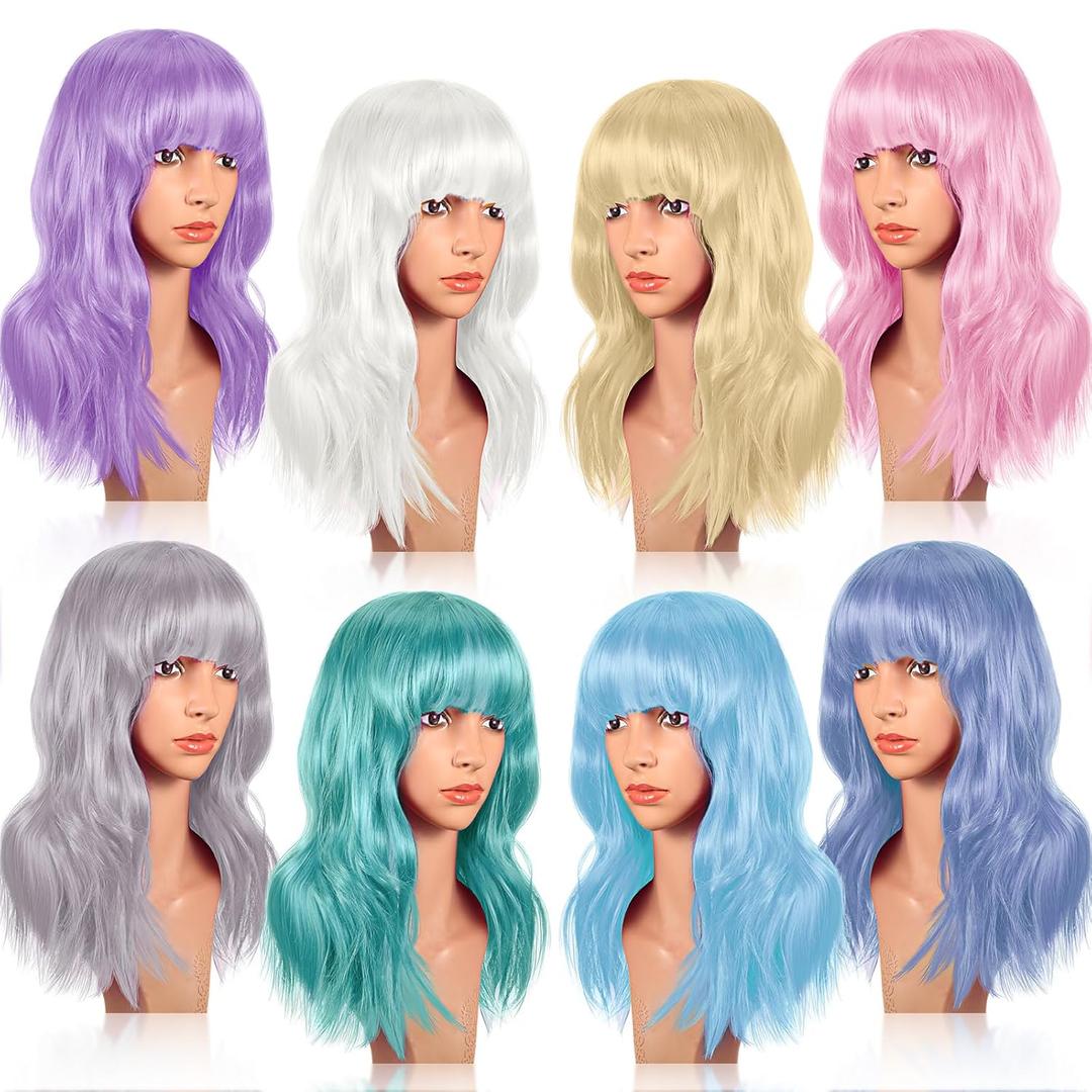 Crowye 8 Pcs 12" Colorful Party Wigs Shoulder Length Wigs for Women Wavy Bob with Air Bangs Curly Short Synthetic Colorful Costume for Cosplay Bachelorette Party(Light Color)