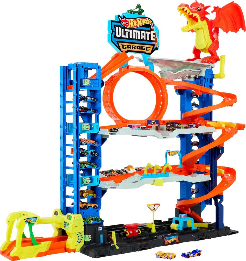 Hot Wheels City Ultimate Garage Track Set with 2 Die-Cast Toy Cars & Car-Eating Dragon, Stores 50+ Vehicles, 4 Levels, Large