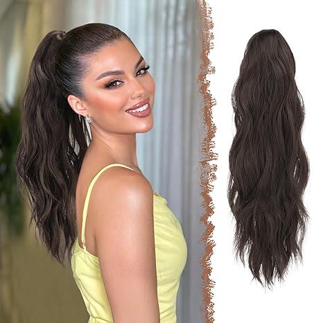 FESHFEN Ponytail Extensions, Long Claw Clip in Ponytail Hairpiece Synthetic Pony Tails Hair Piece Natural Wavy Hairpieces for Women, 20 inch Black Brown Mixed Dark Brown