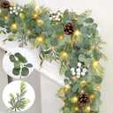 Prelit & Timer - 6 Ft Christmas Garland with Lights, Real Touch Cedar Garland Soft Bendable Thickness Eucalyptus Cypress Pine Garland with Pinecone Berry, Lighted Garlands for Mantle Table Stairs