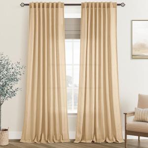 Tan Linen Curtains 84 inches Long for Living Room Back Tab Rustic Farmhouse Semi Sheer Light Filtering Window Curtain Dining Room Soft Thick Flax Linen Textured Drapes Kahki 52x84