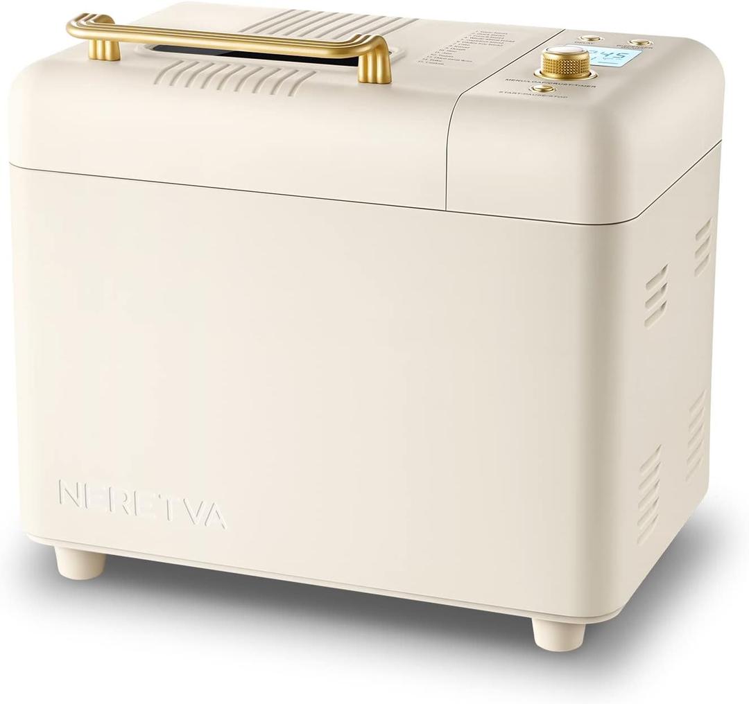 Neretva Bread Machine, 2.2LB 15-in-1 Bread Maker, Dual Heater Breadmaker Machine with Auto Nut Dispenser & Nonstick Ceramic Pan, Bread Maker Machine for Gluten Free, Dough Maker, Sourdough, Yogurt (white)