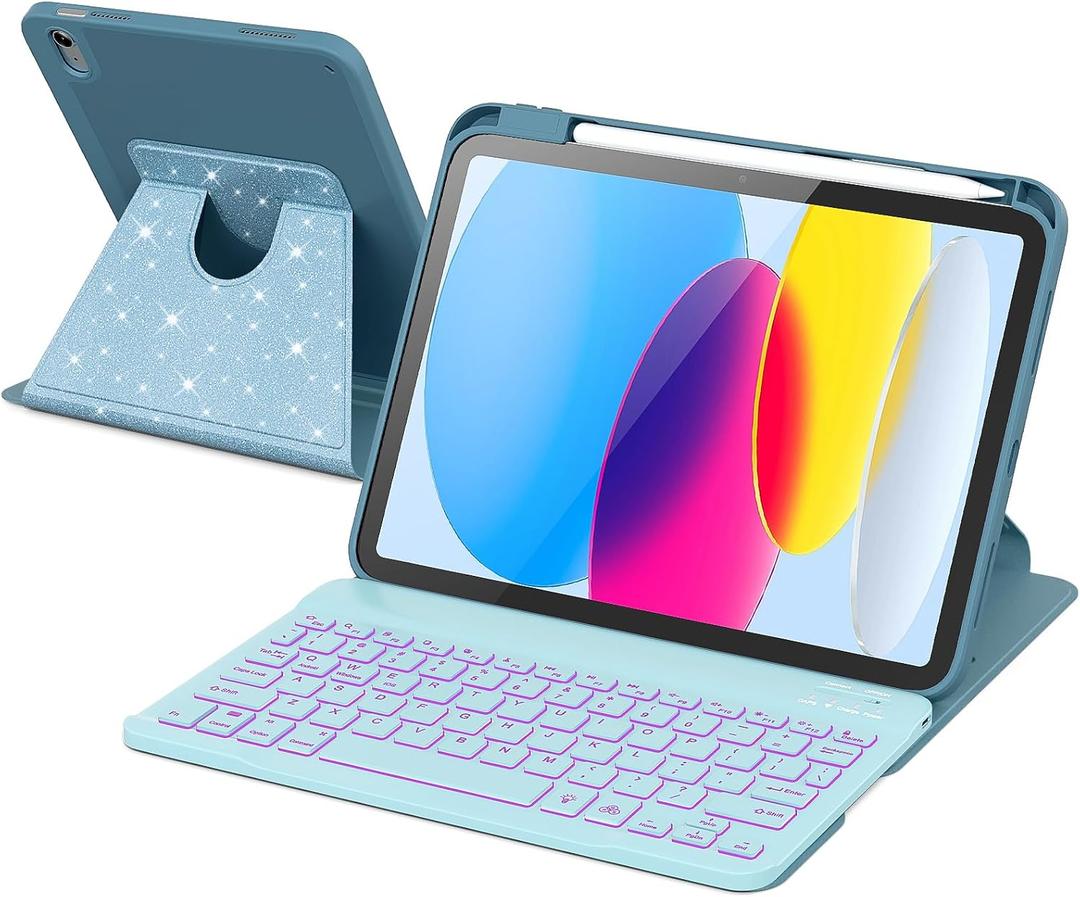 RAYMCRAFT for iPad 11th(A16, 2025)/10th Generation Case with Keyboard, 360 Rotatable Case & Detachable Backlit Keyboard, Precision Cutouts and Pen Holder for iPad A16 11''/10th 10.9'', Sparkling Blue