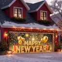 13x6ft Happy New Year Garage Door Banner Golden LettersBackdrop New Year's Eve Garage Door Cover Decoration for Celebration Party Indoor Outdoor House Wall Background Decor
