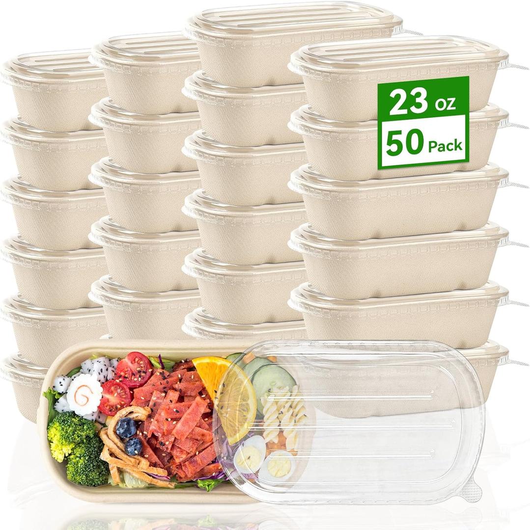 50 Pack 23 oz Disposable Meal Prep Containers, Sugarcane Fiber Paper Salad Bowls with Lids Take Out Food Container for Pasta, Burrito, Leftovers