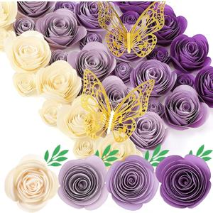 Gilprop 36 Pcs 3D Rolled Artificial Roses Paper Flowers for Crafts Graduation Cap Decoration Wall Decor Mini Crafts DIY Gift for Graduation Wedding Shadow Box Frame Cake Topper, Purple