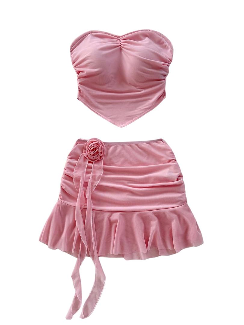 Verdusa Women's 2 Piece Outfits 3D Flower Ruched Crop Tube Top with Ruffle Mini Skirt Y2k Vacation Sets Large