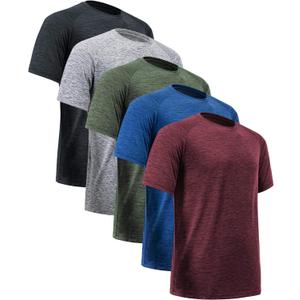 Workout Shirts for Men Short Sleeve Quick Dry Athletic Gym Active T Shirt Moisture Wicking Large, 5 Pack Black, Dark Grey, Dark Blue, Wine Red, Army Green