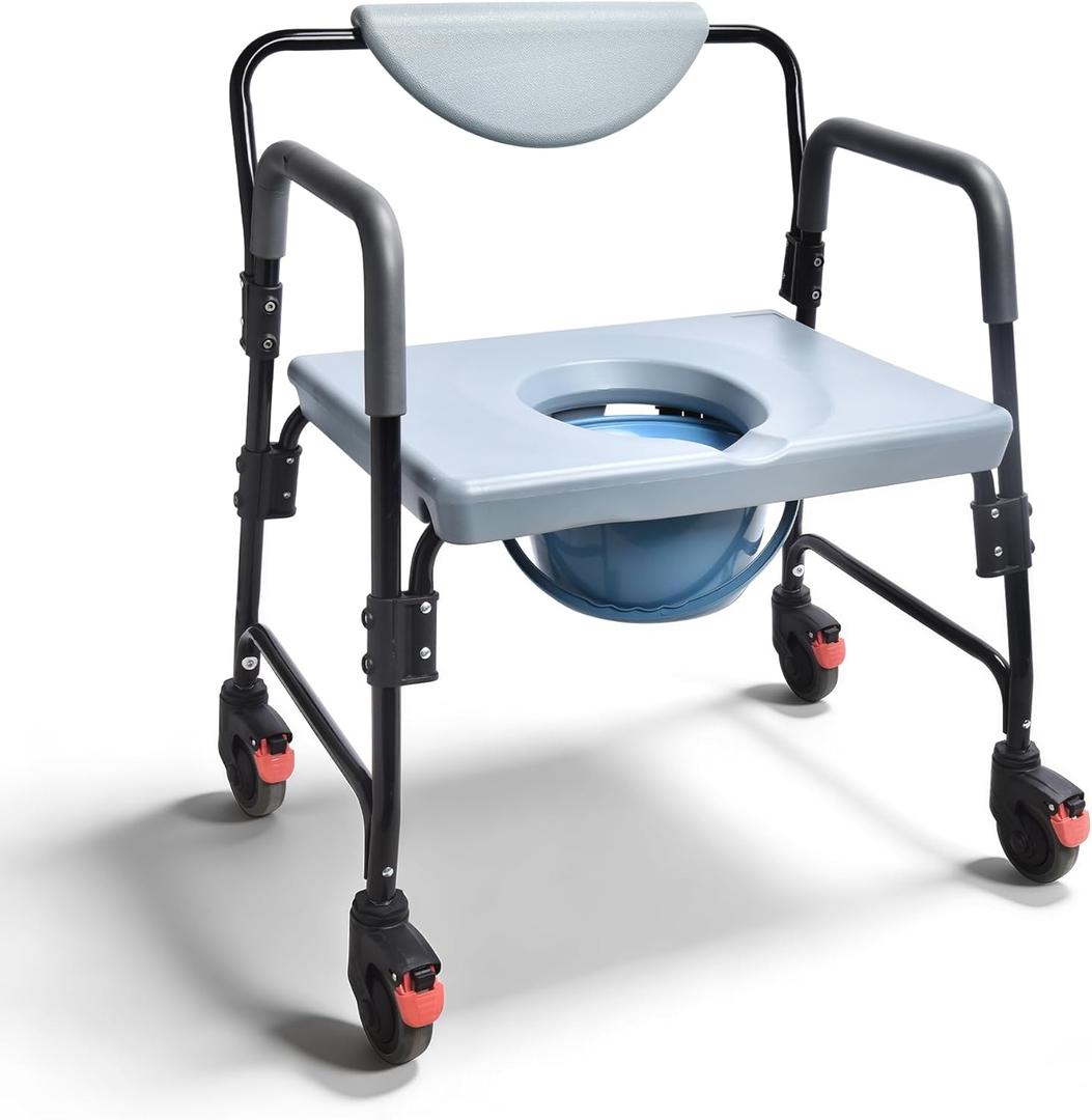 Bedside Commode - Rolling Shower Chair with Wheels - Portable Toilet for Elderly - Rear Locking Wheels 7-qt Commode Bucket Included, HDB-601A