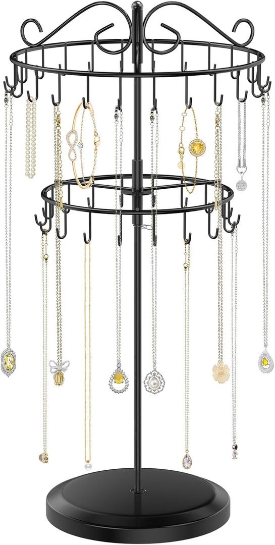 iDavosic.ly 2 Tier Rotating Necklace Holder Organizer with 42 Hooks, Adjustable Metal Bracelet Display Stand Rack, Extra Tall Keychain Spinning Tree Tower for Women, Black