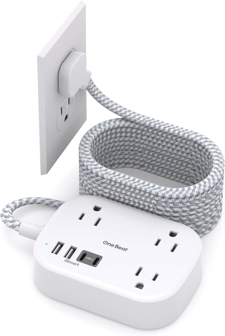 One Beat Cruise Ship Essentials,Travel Power Strip with USB C,Flat Plug Extension Cord with 3 Outlets 4 USB Ports(2 USB C),15 ft Desk Wall Outlet Extender,Non Surge Protector for Cruise,Dorm Room,ETL (White)