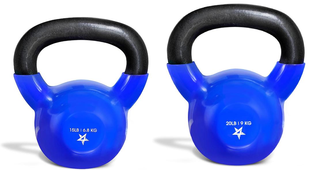 Yes4All Kettlebell, Vinyl Coated Kettlebell Cast Iron Sets with Stable Flat Bottom for Full Body Workout, Push up, Grip Strength Training & Weights Exercises (15 lbs., 20 lbs.)