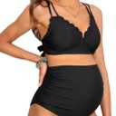 Charmo Scalloped Maternity Bikini Swimsuit Two Piece High Waist Ruched Pregnancy Bathing Suit Cute V Neck Swimwear (Medium, 1a#black)