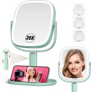 Mocado Makeup Mirror with Lights, 1X/20X Magnifying Mirror with Light, Vanity Mirror with 3 Colors Lights, Height Adjustable Lighted Makeup Mirror, Double Sided 360Rotation, Memory Function (Green)