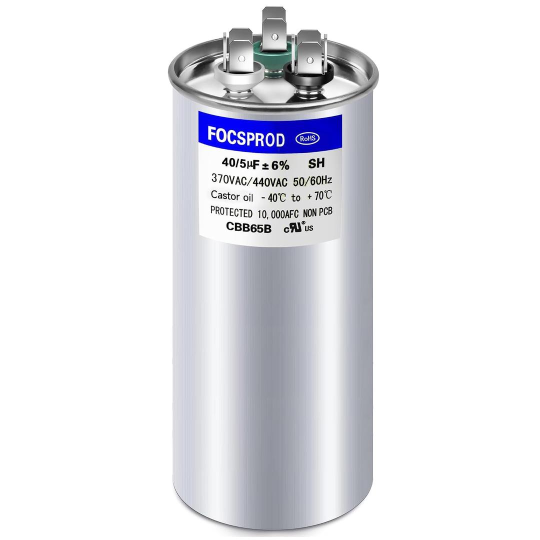 [UL Recognized] FOCSPROD 40+5 uF 40/5 MFD 6% 370V/440V CBB65 AC Capacitor, Dual Run Round Capacitor Replacement, 40 5 uF 440 Volt HVAC for AC Unit Fan Motor Start or Heat Pump or Condenser Straight