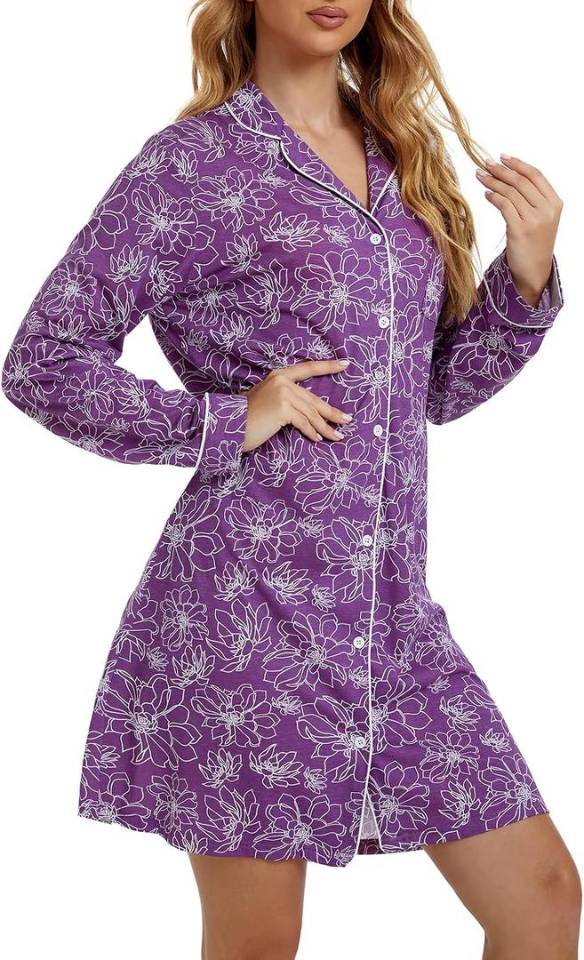 Tugege Nightgowns for Women Sleepwear V-Neck Button Down Night Shirt Long Sleeve Printed Pajamas Sleepshirts (Purple, M)