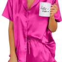 Ekouaer Womens Satin Pajamas Set Button Down 2 Piece Silk Pjs Shorts Set Ruffle Lingerie Notch Collar Sleepwear (Medium, Hot Pink)