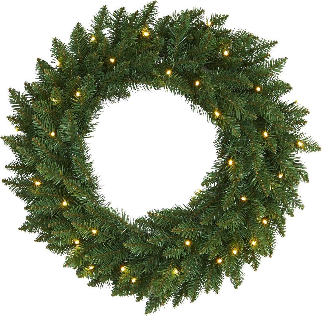 Nearly Natural 24in Artificial Pine Christmas Wreath, Faux Greenery with Clear LED Lights for Indoor Decor