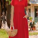 HOTOUCH Women's Summer A-Line Midi Dresses 2026 Casual Floral Short Sleeve T-Shirt Dress Flowy Beach Sundress with Pockets (Red)