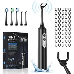 Electric Flosser with 4 Modes, 3 in 1 Power Flosser and Electric Toothbrush with Water Flosser Combo with 55 Replacement Heads, Water Floss Alternative, Brushing and Flossing for Home and Travel