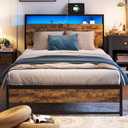 LINSY Twin Bed Frame with Ergonomic Headboard, 14 inch Fast Assembly Metal Bed with LED Lights, Outlets & USB, Kids Twin Size Bed Frame, Noise Free, No Box Spring Needed, Rustic Brown