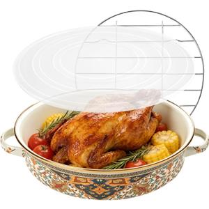 11 Inch Enamel Roasting Pan with Rack and Lid, Russian Style Deep Round Oven Baking Pot Roaster Pan Set for Chicken, Turkey Breast, Lasagna, Oven to Table, Stovetop Safe