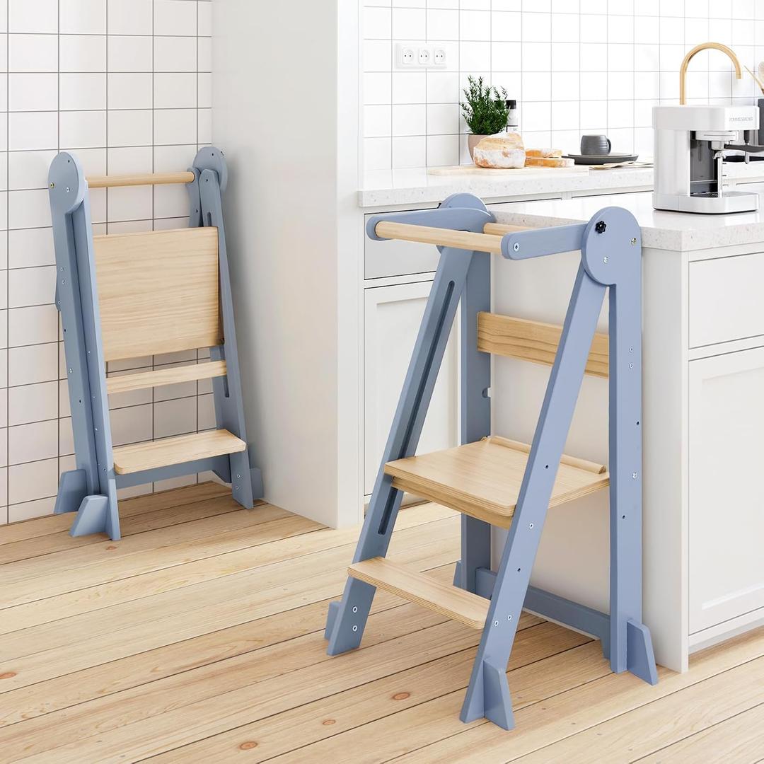 Foldable Kitchen Tower, Height Adjustable Standing Tower for Toddlers Learning New Skills, Wooden Kids Kitchen Stool Helper with Safety Rails- Ages 18 Months to 6 Years-Grey (Gray)