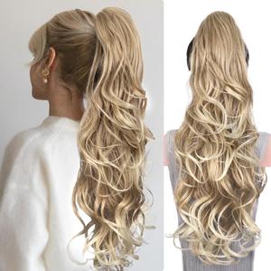 26 Inch Ponytail Extension - Soft Wavy Pony Tails Hair Extensions, Claw Clip Ponytail Extension, Synthetic Hair Extensions Ponytail, Clip in Ponytail (Color: Medium Blonde With Bleach Blonde Ends)