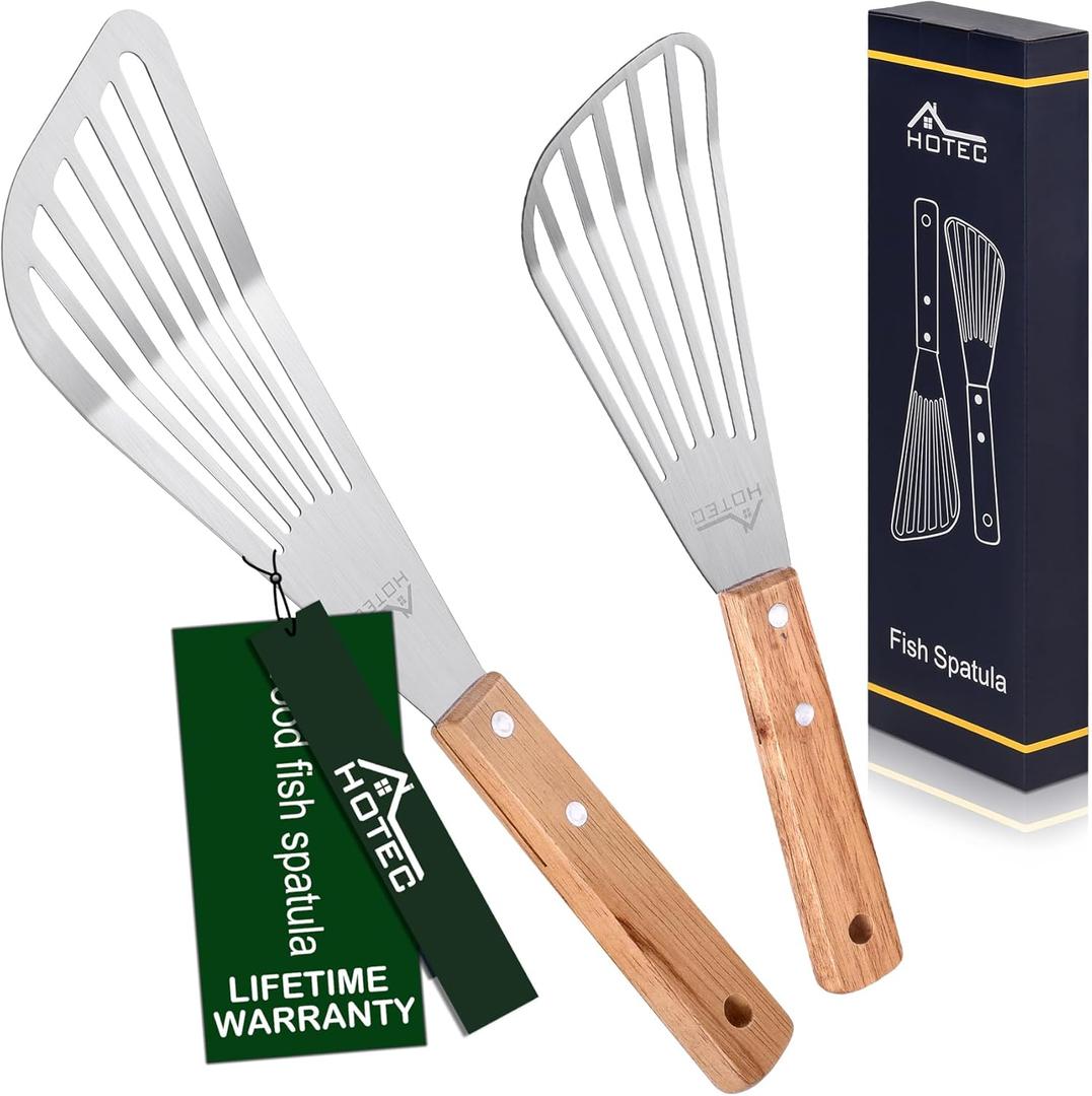 HOTEC 2pcs Stainless Steel Wooden Handle Fish Spatula, Metal Spatula Flipping Foods (Little+Large)