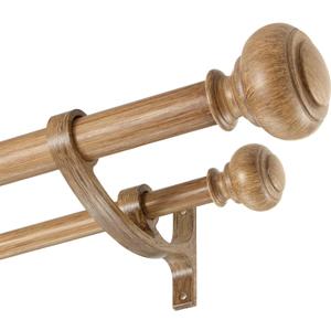 Wood Double Curtain Rods 66-120 Inch(5.5-10ft), Heavy Duty Drapery Rod with Aluminum Alloy Brackets, Adjustable 1-Inch Front and 5/8 Inch Back Double Window Rod with Imitation Wood Grain Finials