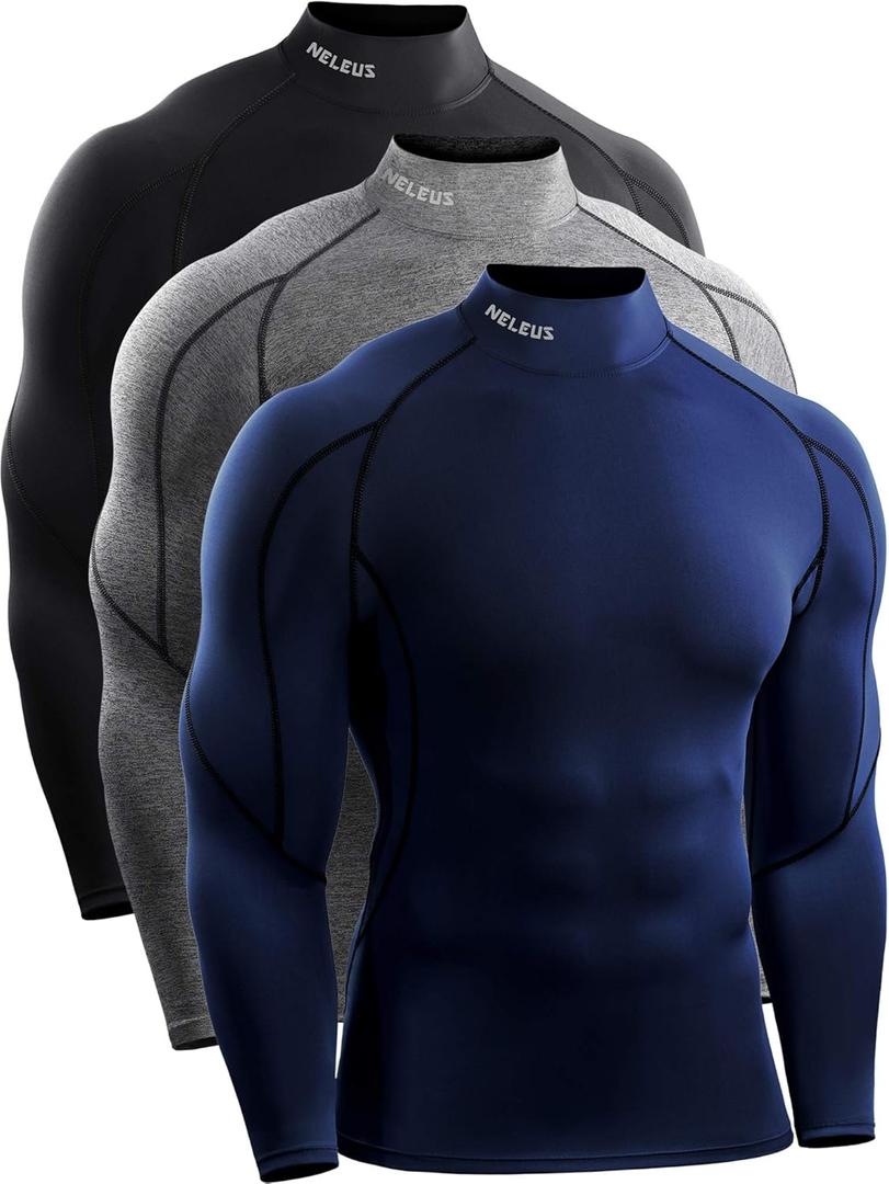 NELEUS Men's 3 Pack Athletic Compression Shirt Running Shirts (Heatlock Mock Neck:black/Grey/Navy Blue), M 