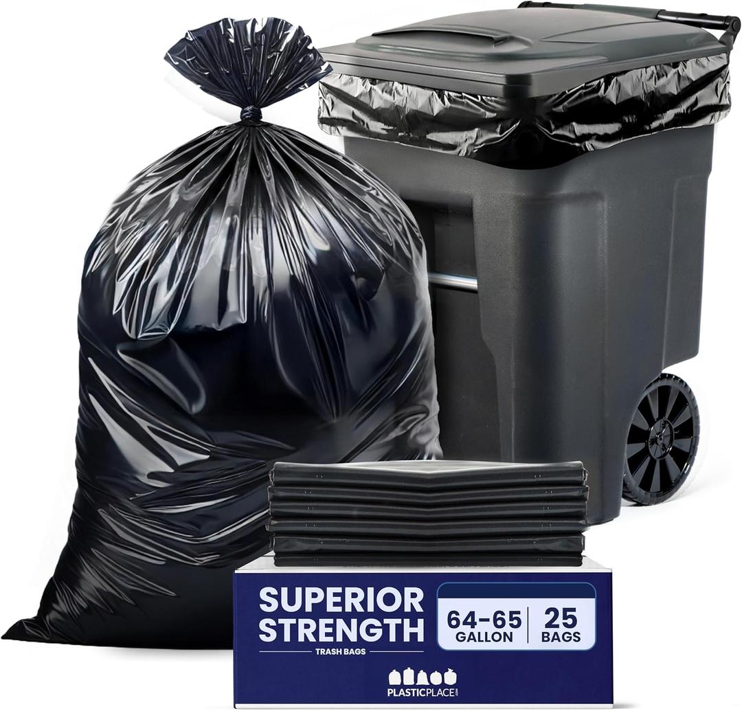 Plasticplace 64-65 Gallon Trash Can Liners for Toter 3.0 Mil Black Heavy Duty Garbage Bags 50 x 60 (25 Count),W65LDBTL3