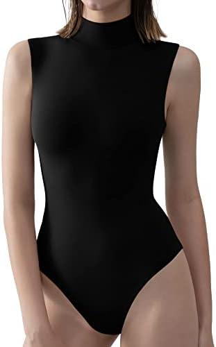 PUMIEY Women's Mock Turtle Neck Sleeveless Bodysuit Sexy Tank Tops Sharp Collection, Size S