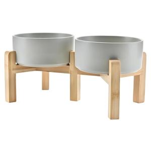 SPUNKYJUNKY Elevated Dog Bowls Ceramic, 6.1'' Dogs and Cat Food Water Bowls Raised with Non-Slip Bamboo Stand for Medium Sized Breed Microwave Dishwasher Safe - 28.7 OZ,Grey