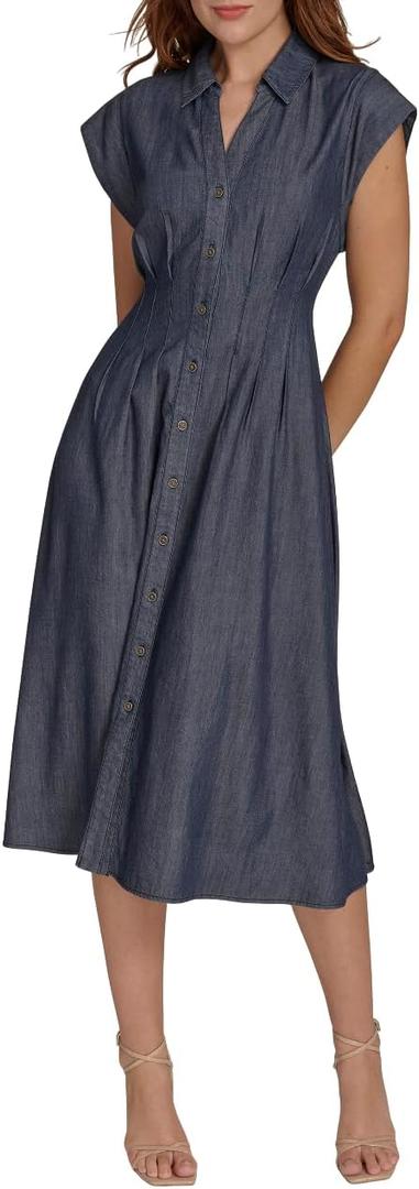 Tommy Hilfiger Women's Cap Sleeve Collared Waist Pleating A-Line Midi Shirt Dress (16)