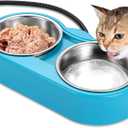Heated Cat Bowl  Double Removable Stainless Steel Bowls, Freeze-Proof Water & Food, Overheat Protected, Chew-Resistant Cord, UL Listed (lake blue)