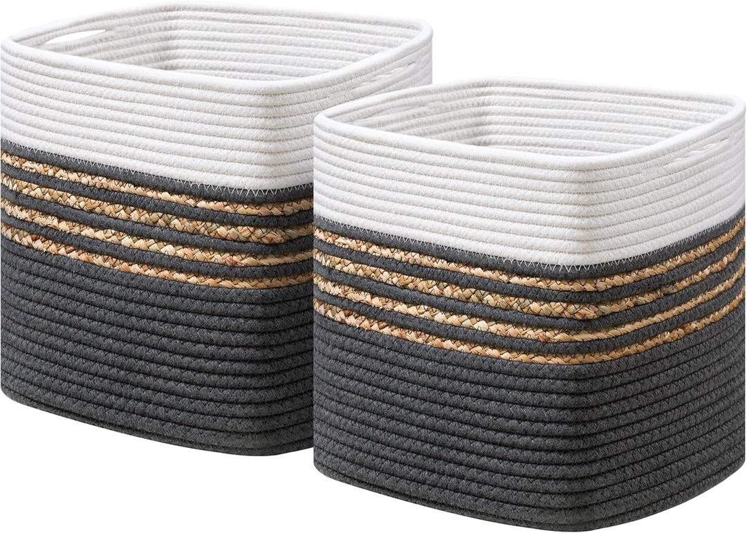 UBBCARE Set of 2 Storage Cubes 11 X 11 X 11 in, Water Hyacinth Storage Bins for Shelves, Toys, Book, Storage Baskets with Handles, Cotton Rope Woven Baskets for Organizing, Dark Grey