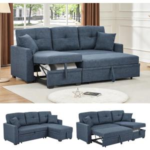 Sectional Sleeper Sofa with Pull Out Bed, L Shape Convertible Linen Couch with Storage Chaise, 2 in 1 Pull Out Sofa Bed with 2 Seats, for Living Room, Apartment, Dark Blue
