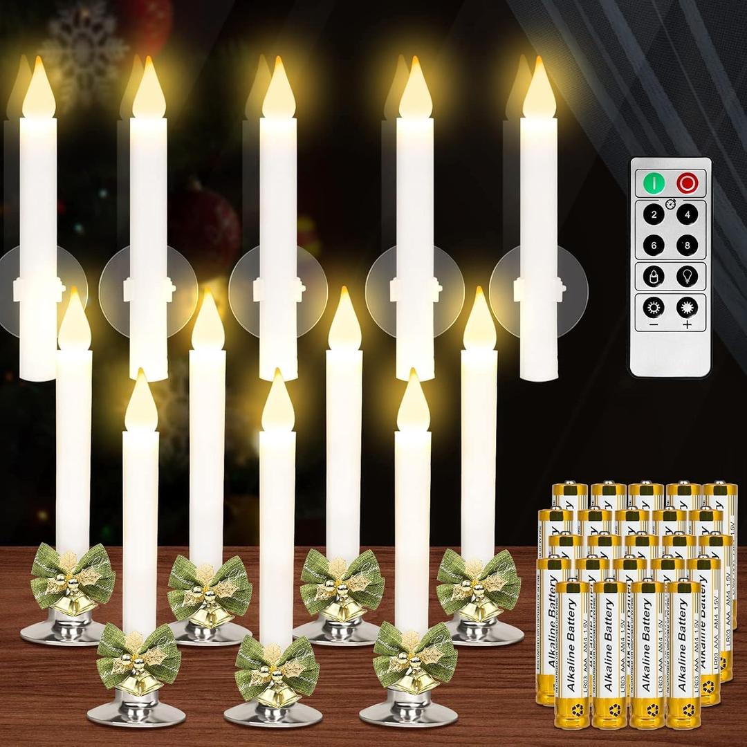 Kithouse 12 Pack Flameless Candles-Window Candles-LED Battery Operated Candles with Timer Remote, Sliver Candlestick, Suction Cups, 24 PCS Battery Included, Christmas Bow& Gift Box
