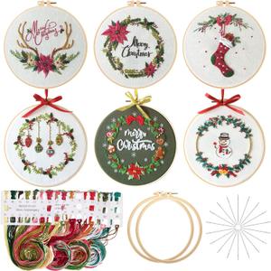 Canlierr 6 Sets Christmas Embroidery Kit with Pattern and Instructions Embroidery Starter Pattern Hoop Colored Threads Needlepoint Kit for Beginners Adults Supplies(Wreath Style)