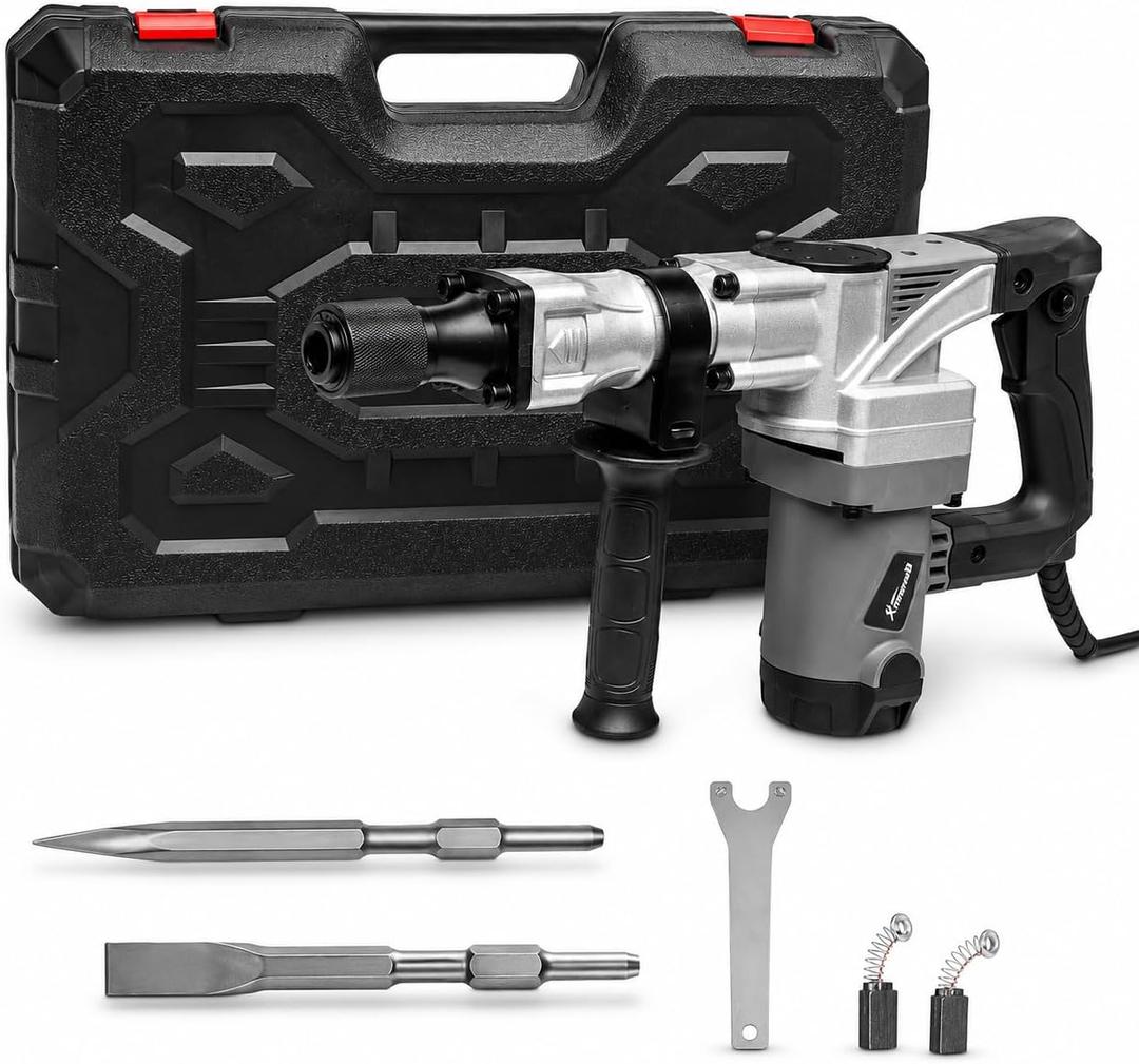XtremepowerUS 1400W Demolition Electric Jack Hammer SDS Plus Construction Concrete Breaker Punch Drill Chipping 4500BPM Floor Tile Removal (Include Flat & Chisel Bits) Carrying Case