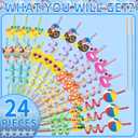 24 Reusable Drinking Straws for Summer Beach Pool Birthday Party Favors Decorations - Crazy Silly Plastic Drink Straws for Kids Tropical Hawaiian Luau Theme Party Supplies Decor, School Prizes Rewards