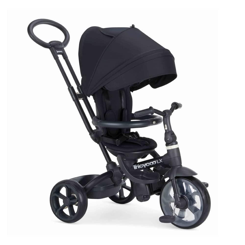 Joovy Tricycoo LX Premium Kids Tricycle with 8 Stages Featuring Chunky Front Tire, Removable and Adjustable Parent Handle, Machine-Washable Seat Pad, and Retractable Canopy, Black, 1 Count (Pack of 1)