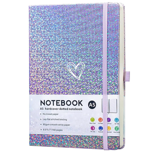 Bling A5 Notebook with Pen, Lined Journal Notebook A5 Notepad for Girls Women,Cute Heart Pattern Design Glitter Laser Diary College Ruled Hardcover Notebook for Work, School, Note Taking, Business (Purple)
