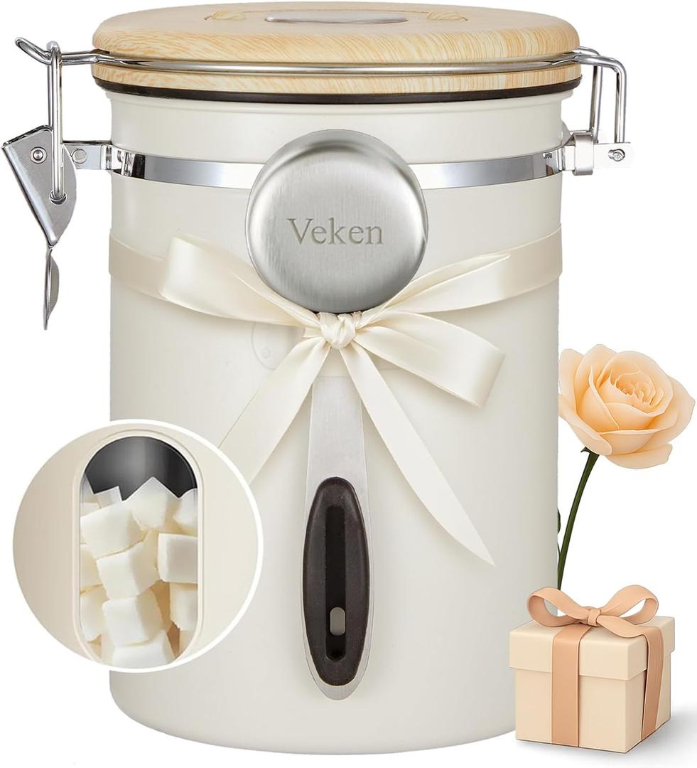 Veken Coffee Canister with Window, Coffee Lover Gift Set,Airtight Stainless Steel Kitchen Food Storage Container Gifts, Date Tracker & Scoop for Grounds Coffee,Beans,Tea,Flour,Cereal,Sugar,22OZ,Cream
