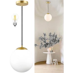 KoKo&Yukina 8 Inch Gold Modern Globe Pendant Light White Glass with Brass Finish Contemporary Mid Century Adjustable Hanging Light Fixture for Living Room Bedroom Bathroom Kitchen (Bulb Incl.)